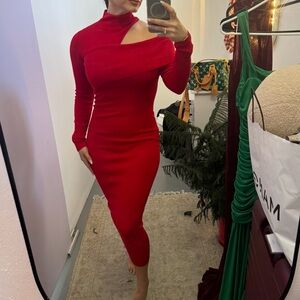 Women's Red Asymmetrical Cutout Midi Dress